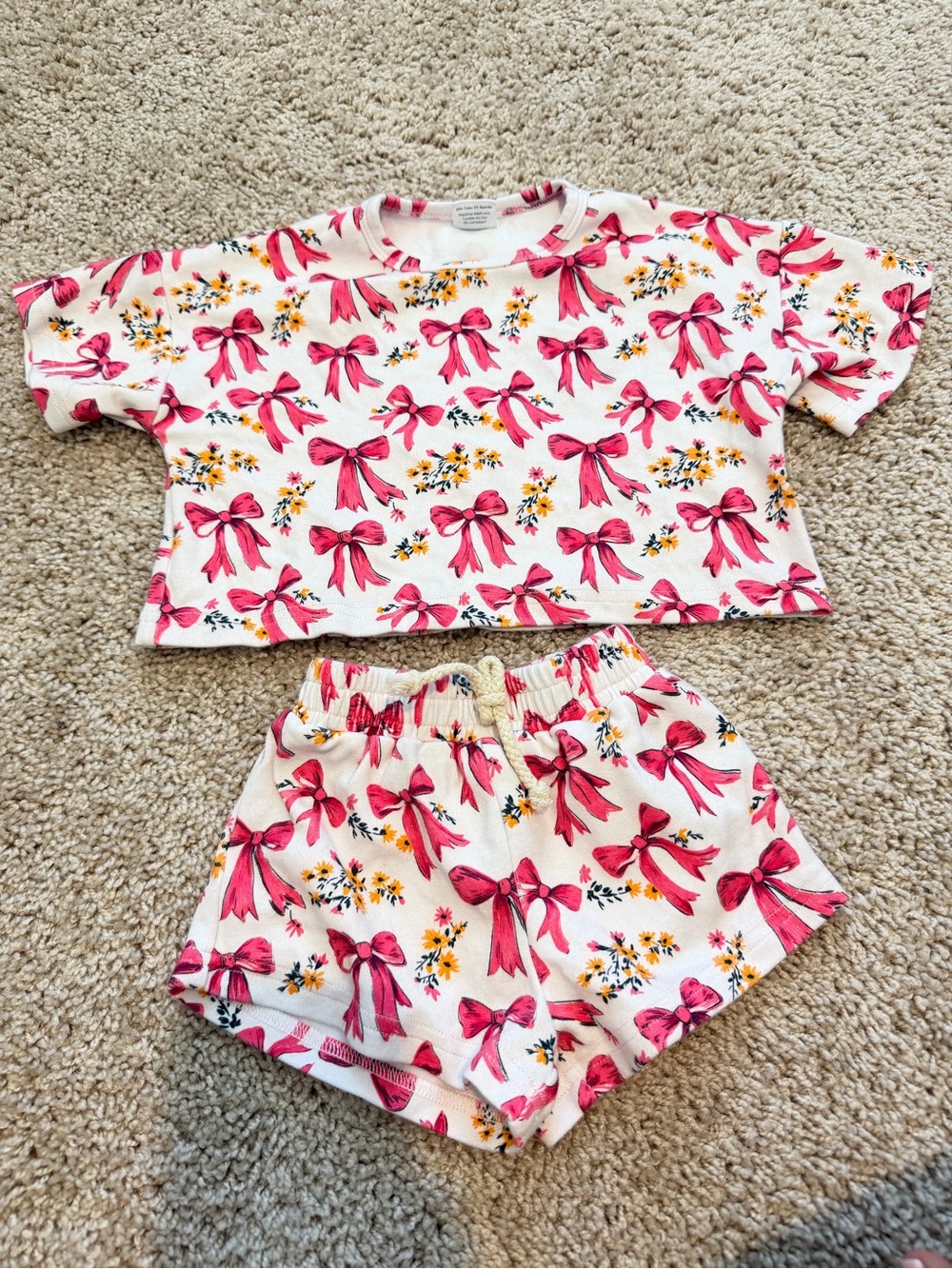 Girls White and Pink Bow Print Short Sleeve Set